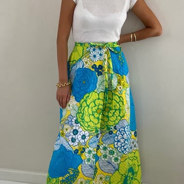 70s wrap maxi skirt / vintage quilted cotton lime teal brocade floral print hostess resort wear long maxi wrap skirt | Small 