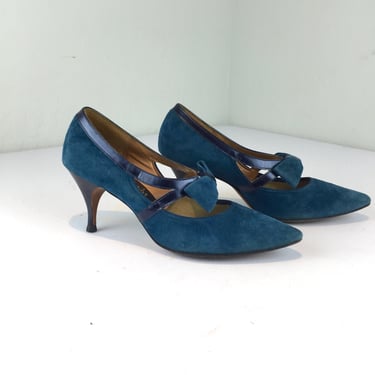Adventures in the City - Vintage 1950s 1960s Teal Turquoise Blue Nubuck Leather Stiletto Heels - 5.5B 