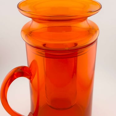 Orange Art Glass Beverage Pitcher with Ice Insert