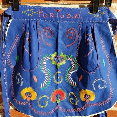 Vintage 60s Cotton Embroidered Apron Blue Portugal Pockets 