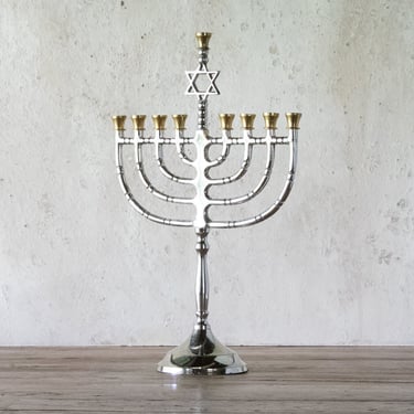 Vintage 9 Branch Menorah, Religious Candle Holder, Hanukkah Menorah with Star of David 