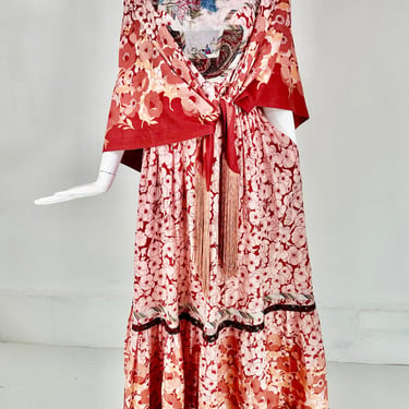 Koos van den Akker 1970s Floral Cotton Patchwork Peasant Maxi Dress & Shawl