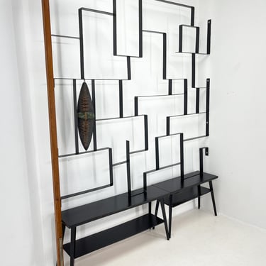 1960's Art Wall Unit or Room Divider with Sculpture by Jelínek / Large Metal Art Wall with Benches / Unique Piece 