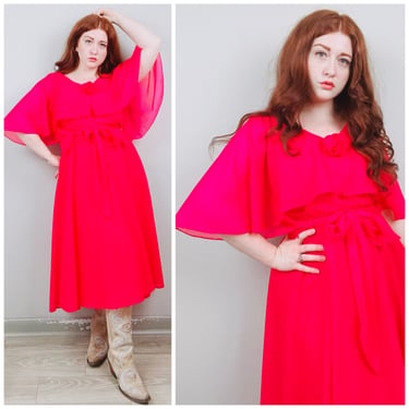1970s Vintage Mike Benet Raspberry Pink Cape Dress / 70s / Seventies Bow Front Disco Belted Party Dress / Size Medium 