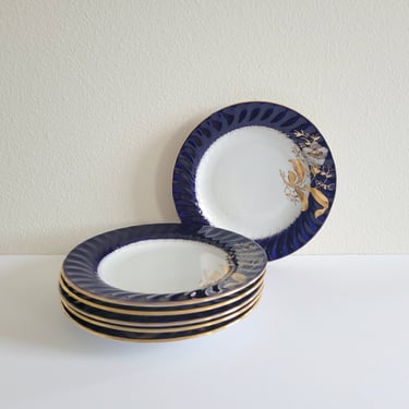 Vintage Dark Blue and Gold Hand Painted Plates, Salad or Dessert Plates - 3 pairs (6 plates) available 