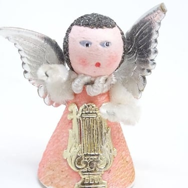 Vintage German Spun Cotton Christmas Angel, for Putz or Nativity, Antique Silver Dresden Paper Wings, Western Germany 