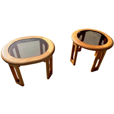 vintage pair solid oak end tables glass restored 1970s postmodern 80s mid century modern 