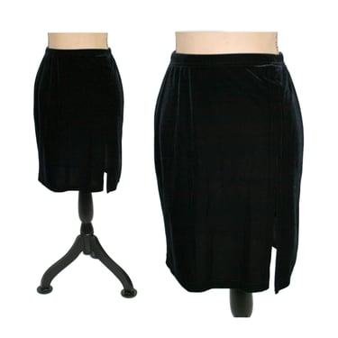 S 90s Black Velvet Skirt Small, Elastic Waist Pencil Midi Skirt with High Slit, 1990s Clothes Women Vintage from A. BYER CALIFORNIA 