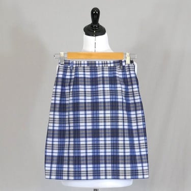 60s Short Plaid Skirt - 22" waist - Blue White Taupe - Teen Juniors Schoolgirl Skirt - Kelita - Vintage 1960s - XXS 