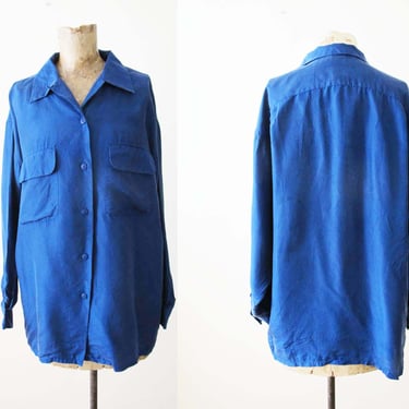 Vintage 90s Sapphire Blue Silk Shirt L - Deadstock 1990s Oversized Silk Long Sleeve Button Up - Blue Blouse - 90s Clothing - Baggy Shirt 