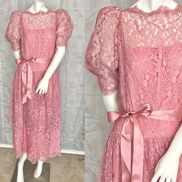 Lace Tiers Dress, Vintage 80s, Mid Calf Length, Tea Length, Prom Wedding Bridesmaid 