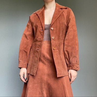 Vintage 70s Neiman Marcus Orange Suede Leather Jacket High Rise Skirt Set Sz M 