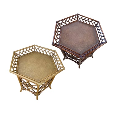 Set of 2 Rattan Tables - Vintage Hexagon Wicker & Wood Coastal Boho Hollywood Regency Tommy Bahama Bamboo Accent End Side Cocktail Pair 