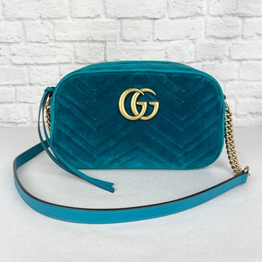 Gucci Women's Small Gg Marmont 2.0 Matelassé Velvet Shoulder Bag, Teal