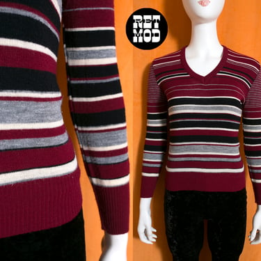 Soft Vintage 70s 80s Maroon White Black Stripe V-Neck Lightweight Sweater 