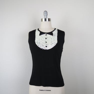 Vintage sequined tank top, beaded trompe l'oeil tuxedo, 1990s, Y2K, size medium, large 