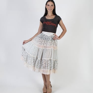 Gunne Sax Calico Praire Skirt, Vintage 70s Gunnies Brand, Sheer Prairiecore Midi 