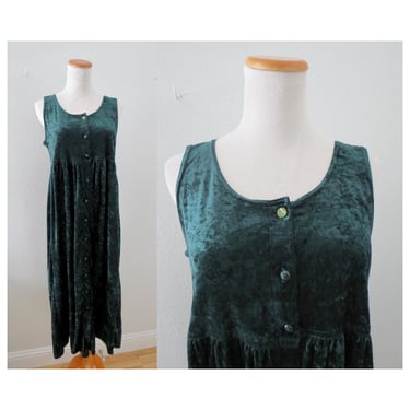 Vintage Green Velvet Dress - 90s Sleeveless Button Up Babydoll Midi - Holiday Christmas Party Outfit - Size Small Medium Large 