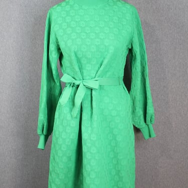 1960s 1970s Barnsville Green Double Knit Dress - Mockneck - Bell Sleeve - Sporty, Preppy 
