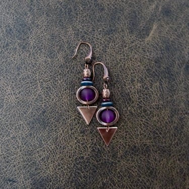 Purple sea glass earrings, boho chic earrings, ethnic earrings, bold earrings, copper earrings, unique artisan earrings, gypsy earrings 