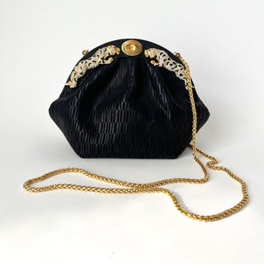 Vintage Rhinestone Leopard Purse Black Leather Clutch or Chain Strap 