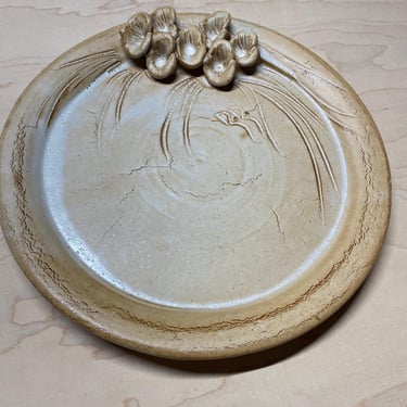 12” Custom Studio Pottery ~ Earth Tones, 3D embossed pinched pleat flower platter~ Neutral Organic texture Display Plates ~ 1990s Stoneware 