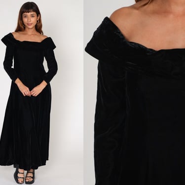 Black Velvet Gown 90s Long Party Dress Off Shoulder Maxi Cocktail Dress Evening Formal Goth Simple Basic Gothic Plain Vintage 1990s Small S 