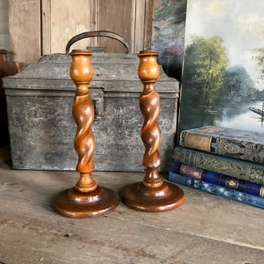 English Oak Barley Twist Candlesticks, 9 inch, Rustic Wood Candle Holders, Edwardian Era, Pair, Set of 2 