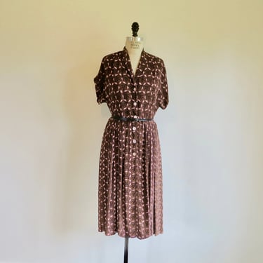 Vintage 1940's Brown and Pink Rayon Print Day Dress Shirtwaist Style Pleated Skirt Short Sleeves Rockabilly WW2 Era 33