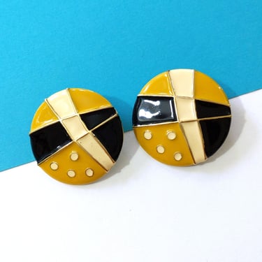 Fabulous Large Vintage 70s 80s Yellow Black White Gold Geometric Round Metal Earrings 
