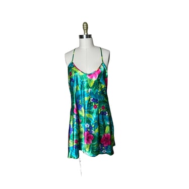 Vintage Morgan Taylor Intimates Green Tropical Floral Short Floral Satin Nightgown size L 