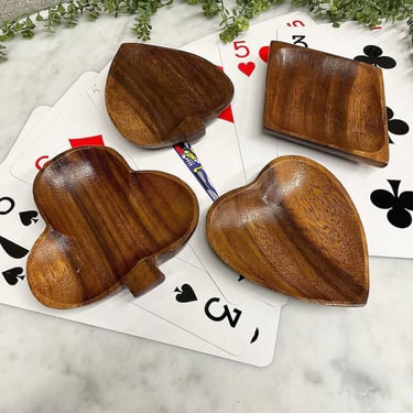 Vintage Snack Bowls Retro 1970s Teak Wood + Mid Century Modern + Playing Card Symbols + Set of 4 + Made in Philippines + Game Night + Poker 