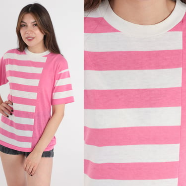 Striped T-Shirt 80s Pink White Shirt Retro Short Sleeve TShirt Crewneck Top Basic Casual Ringer Tee Single Stitch Vintage 1980s Medium M 