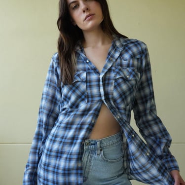 1970s Western Shirt / Plaid Nashville Snap Up / Levi's / Navy Blue / Unisex Stagewear Shirt / Metal snaps 