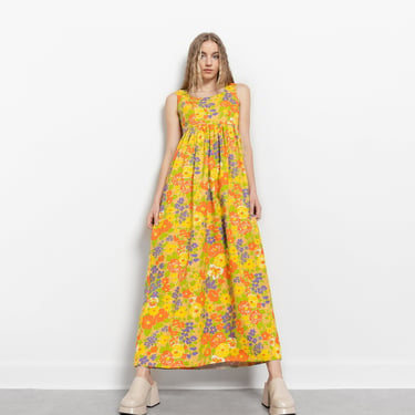 YELLOW FLORAL MAXI Dress Vintage Babydoll Floor Length Summer 60's Handmade / Small 