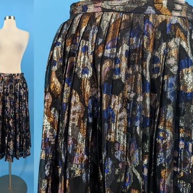 Vintage 80s XS Metallic Floral Mid Length Skirt - Eighties Evan-Picone Midi Skirt 