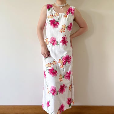 vintage dress linen dress floral dress maxi dress midi dress white pink market dress field dress pinafore dress long Made in USA size M 