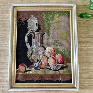 Vintage French Still Life Needlepoint - Peaches & Silver Pitcher - Fruit Wall Decor 