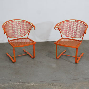 Pair of Mid-Century Modern Atomic Orange Salterini Style Outdoor Metal Curved Back Springer Chairs 