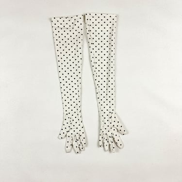 1990s Naomi Misle Black and White Polka Dot Long Gloves / Stretchy / 1980s / Elbow Length / Cotton / 