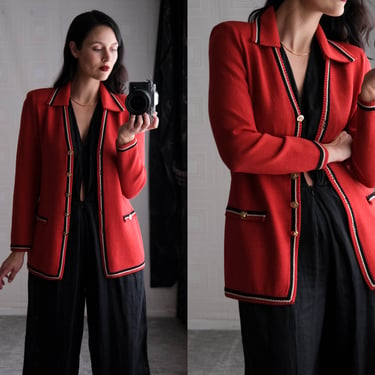 Vintage 90s St. John Collection Crimson Knit Collared Jacket | Black and White Trim, Broad Shoulders, Gold Buttons | 1990s Designer Cardigan 
