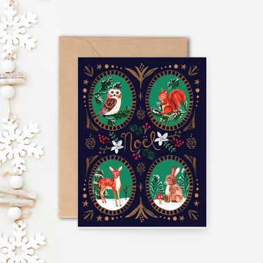 Woodland Creatures Vintage Inspired Christmas Card, 4.25