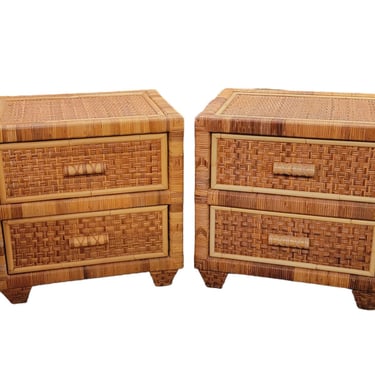 Pair Vintage Woven Rattan Nightstands 