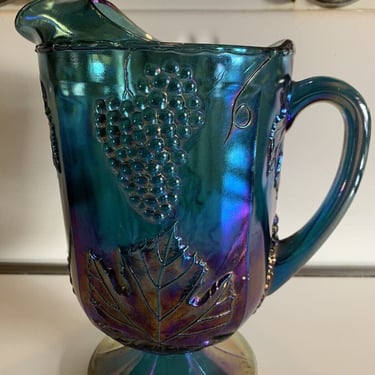 Vintage 64 Ounce Iridescent Blue Harvest Indiana Carnival Glass Pitcher 