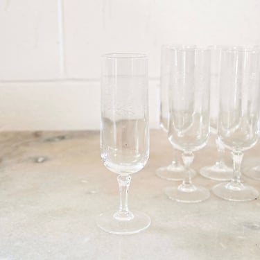 vintage French etched glass floral champagne flutes, set of 9