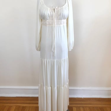 Long-Sleeved Cream, Lace-Trimmed Maxi-Dress with Gathered Neckline - 1970s 