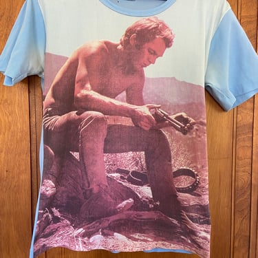 Vintage 1970s Steve McQueen Cowboy Screen Print Graphic Photograph Tee T Shirt Medium Poly Rare by TimeBa