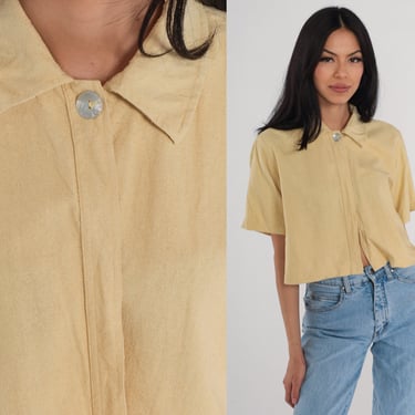 Yellow Silk Shirt Y2k Button Up Crop Top Short Sleeve Hidden Button Cropped Blouse Retro Simple Plain Summer Collared Vintage 00s Medium M 