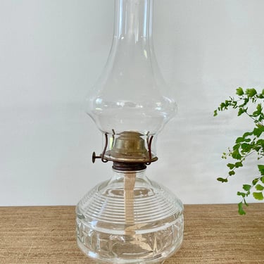 Vintage Oil Lamp - Clear Glass Round Geometric Design Base - Hurricane Oil Lamp - 