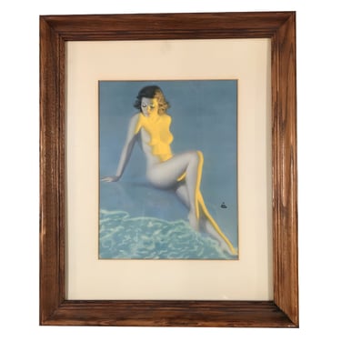 Nude Female Figure at Blue Beach Lithograph by Earl Moran Framed 